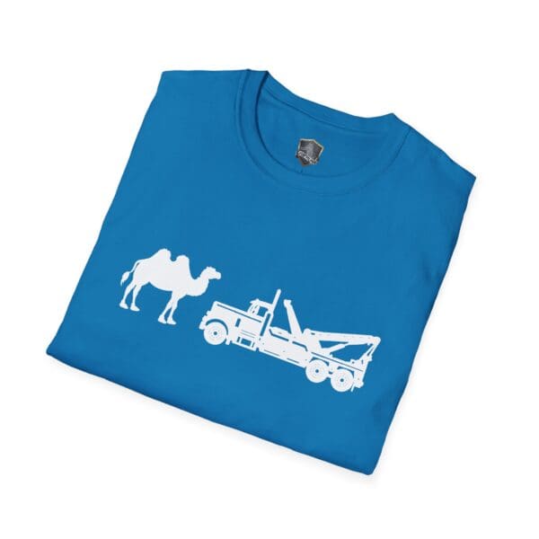 Camel Tow t-shirt featuring a blue design with a white graphic of a camel and a tow truck facing each other.