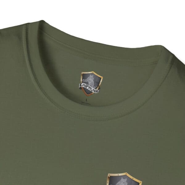 Olive green Land, Sea, and Air T-shirt featuring a logo with a cartoon chipmunk and the word "Chipmunk" on the inner collar tag.