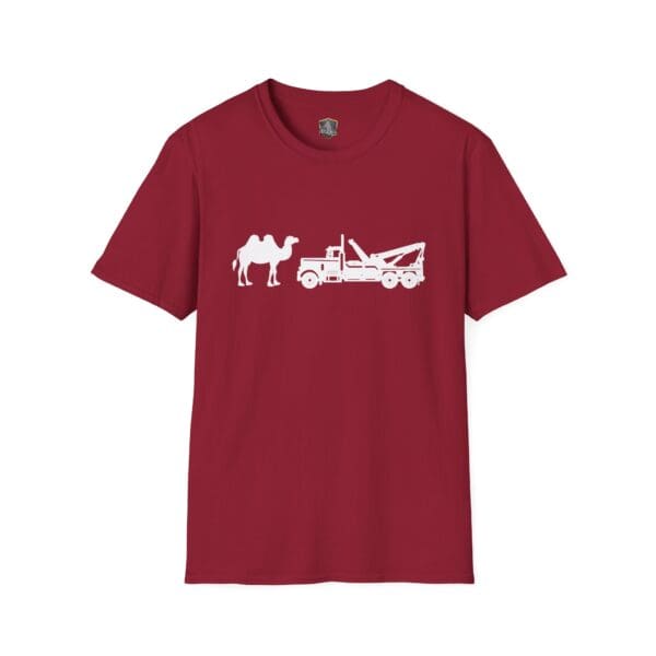 Camel Tow T-shirt – A red tee featuring a white graphic of a camel and a tow truck on the front.