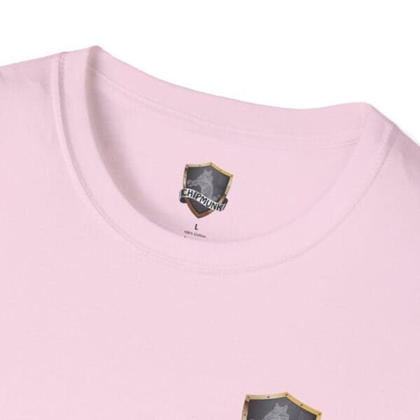 Close-up of a light pink F*ck Cancer Ribbon T-Shirt highlighting the neckline and a label featuring "Chipmonk" alongside a shield logo.