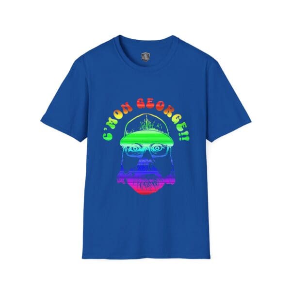 The "C'mon George!! Retro Rainbow Roadie T-Shirt" features a vibrant graphic of a bearded face wearing sunglasses and a cap, with the phrase "C'MON GEORGE!!" displayed in rainbow letters above.