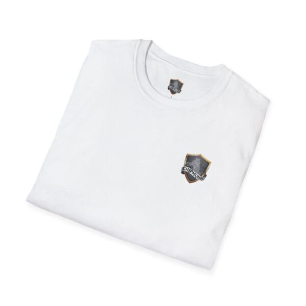 A folded white Chipmunk Family T-Shirt featuring a small shield logo on the chest area.