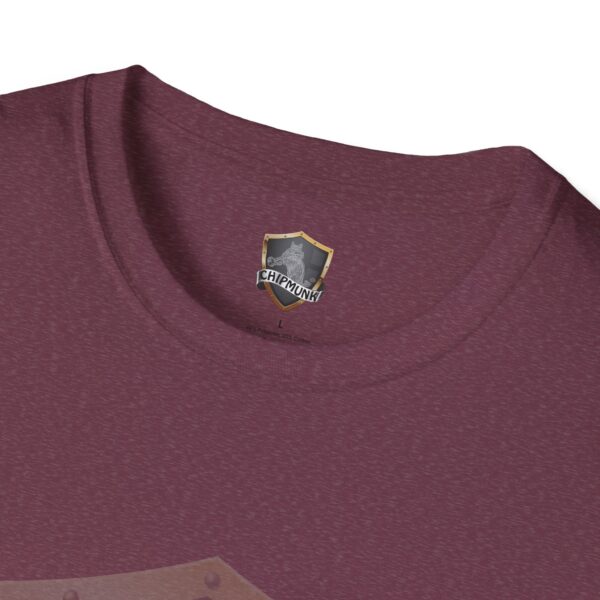 Close-up of the maroon neckline of the "Be Kind in Sign Language" T-shirt, showcasing a Chipmunk brand logo tag adorned with a shield and chipmunk illustration.