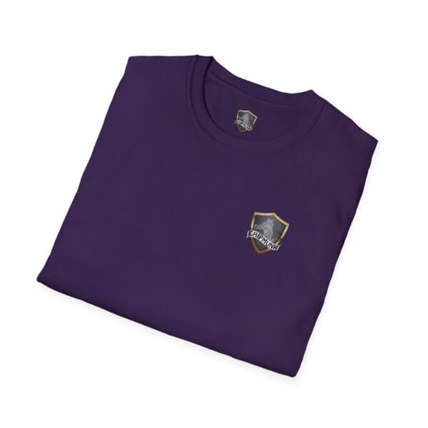 Folded F Cancer Childhood Cancer Awareness T-Shirt in purple with a small chest logo featuring a shield design and the text "God of Gamblers.