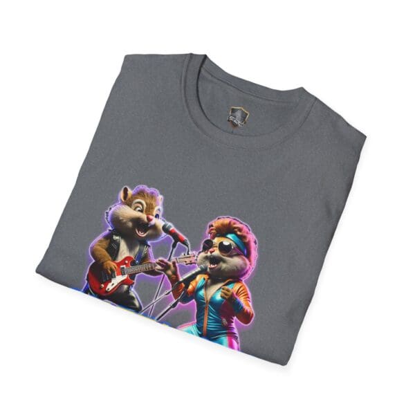 Chipmunk Retro gray t-shirt depicts two cartoon chipmunks; one is rocking out on a guitar, while the other sings into a microphone, sporting sunglasses and colorful attire.