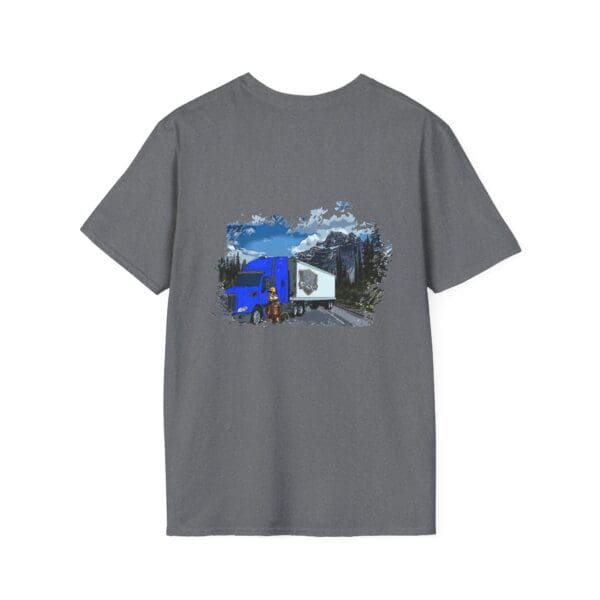 The Chipmunk Trucker Shirt is a gray t-shirt featuring a graphic of a blue truck and trailer navigating a mountain road beneath a cloudy sky.