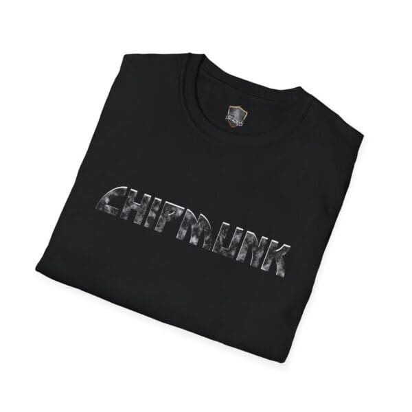 Neatly folded Chipmunk Rock T-Shirt #6 in black, featuring bold, reflective "CHIPMUNK" lettering on the front.