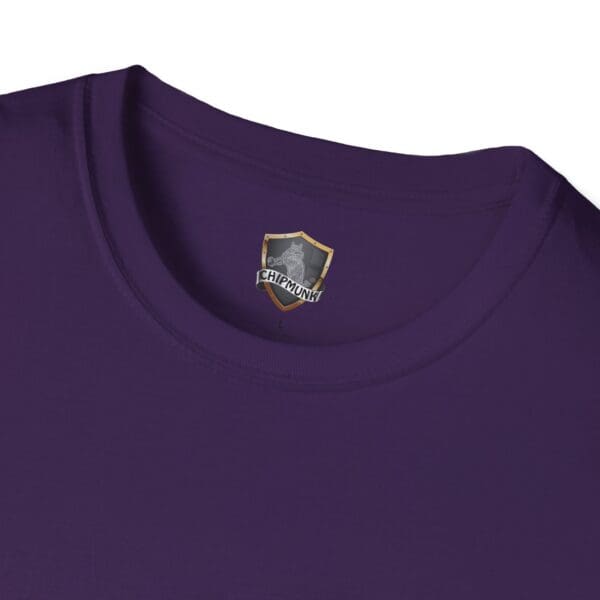 Detailed view of a dark purple collar from the Chipmunk Bobber T-Shirt, featuring a Chipmunk brand label sewn on the inside.