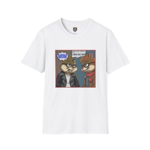 Overt Narcissism - Forgetting Myself Graphic Tee features a white T-shirt with a cartoon graphic of two chipmunks, one sporting a leather jacket and the other wearing a scarf, along with comic-style speech bubbles that say "WOW" and "DID YOU JUST TALK?!