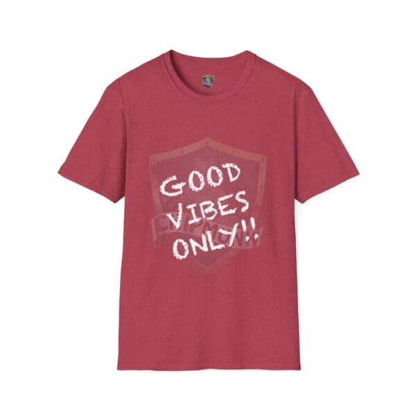 Good Vibes Only Shirt in red with the text "GOOD VIBES ONLY!!" displayed in a playful font on the front.