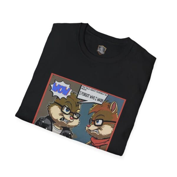 Overt Narcissism - Forgetting Myself Graphic Tee featuring a black design with a cartoon graphic of two anthropomorphic animals engaged in conversation, one wearing a leather jacket and the other wrapped in a red scarf, complete with speech bubbles.