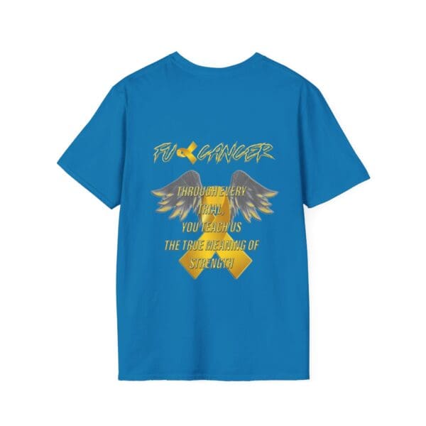 F Cancer Childhood Cancer Awareness T-Shirt featuring "F U Cancer" text, angel wings, and a message about strength in yellow and white.