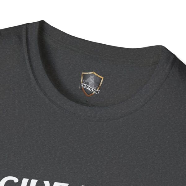 Close-up of a dark gray "Give Me The Tips T-Shirt" with a "CHIPMUNK" logo on the inside neck area.