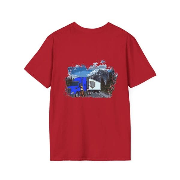 Chipmunk Trucker Shirt in red, showcasing a graphic of a blue truck navigating a scenic mountain road.