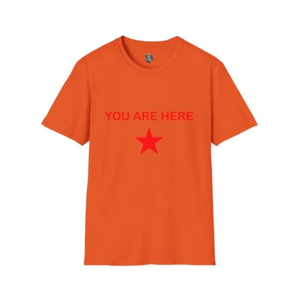 Guiding Star Tee Shirt in orange featuring bold red "YOU ARE HERE" text above a red star at the center.