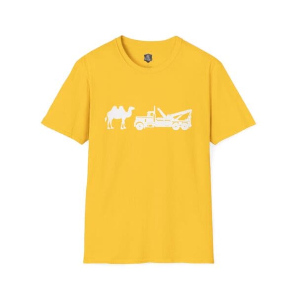 Camel Tow T-shirt in yellow featuring white silhouettes of a camel, a truck, and a rowboat.