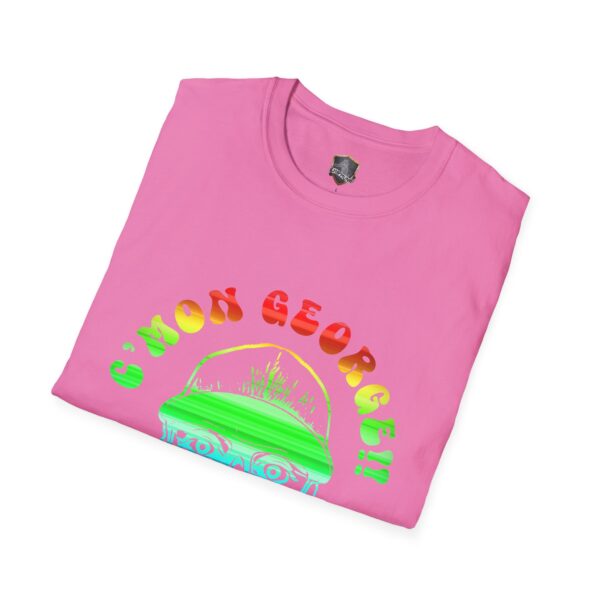 Pink "C'mon George!! Retro Rainbow Roadie T-Shirt" featuring a colorful design of a person wearing glasses and a hat.