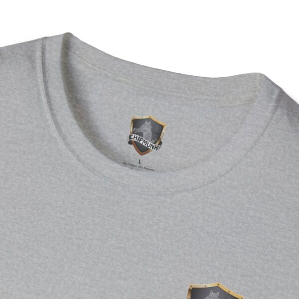 Close-up of a light gray t-shirt showing the neck area and the label inside. The label displays a logo, the brand name "Chipmunk," and is marked size L.