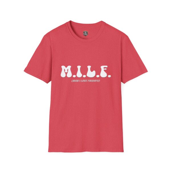 M.I.L.F. (Man I Love Fridays) T-Shirt, featuring a red color with white lettering on the front.