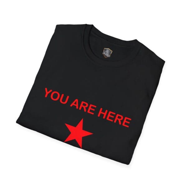 Guiding Star Tee Shirt in black featuring red text "YOU ARE HERE" with a red star beneath it.