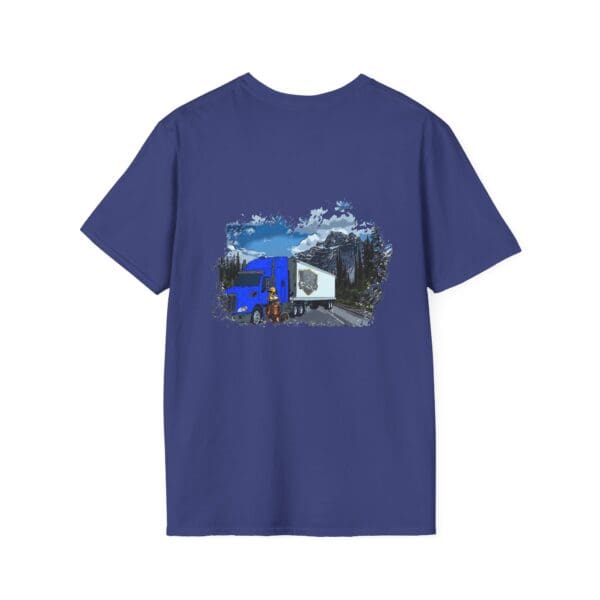 Chipmunk Trucker Shirt showcasing an illustration of a blue semi-truck on a mountainous road.