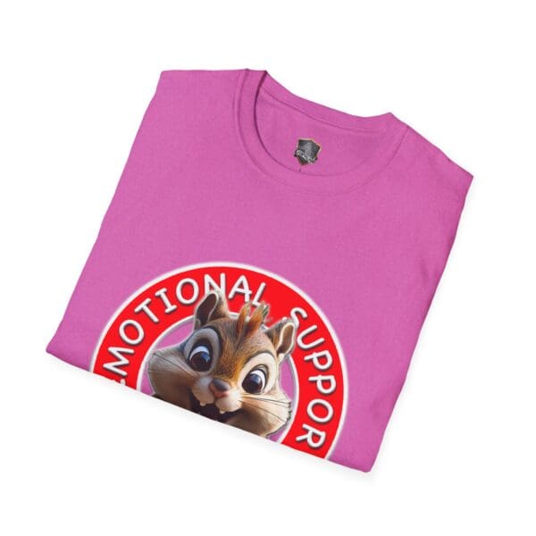 The Emotional Support Chipmunk T-Shirt is a pink t-shirt that displays a cartoon chipmunk inside a red circle with the phrase "Emotional Support" printed on it.