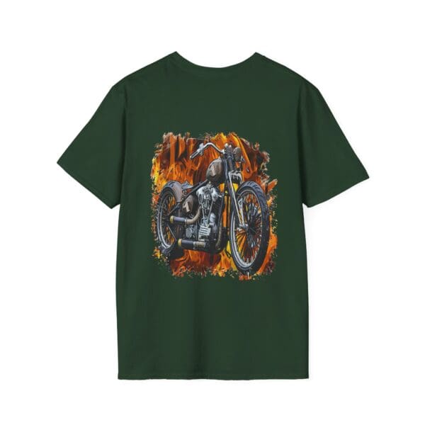 Chipmunk Bobber T-Shirt in dark green, showcasing a detailed illustration of a vintage motorcycle set against an orange flame backdrop.