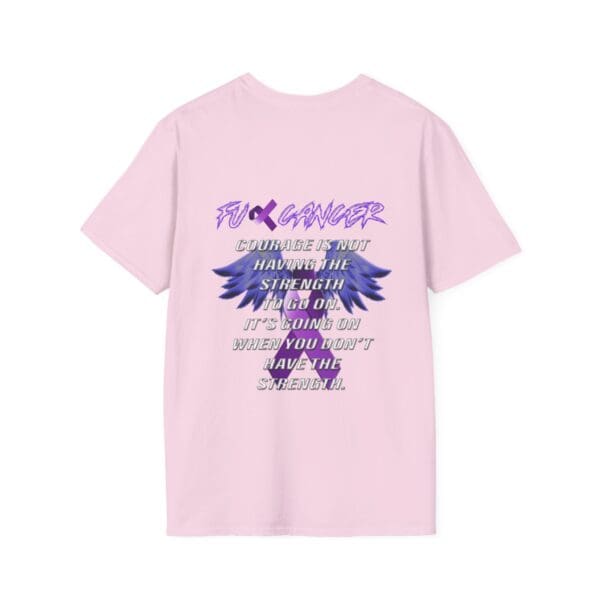 F*ck Cancer Ribbon T-Shirt featuring the text: 'FU Cancer. Courage is not having the strength to go on; it's going on when you don't have the strength,' with a blue wings graphic beneath.