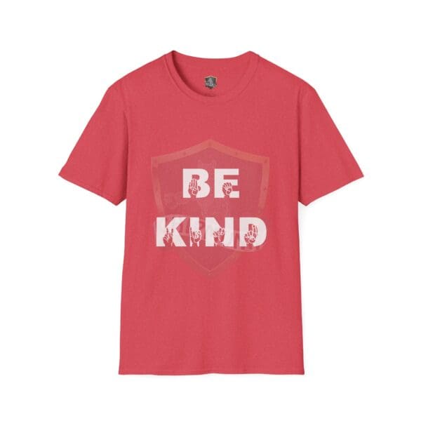 Be Kind in Sign Language T-Shirt featuring "BE KIND" printed on the front in white with a shield design.