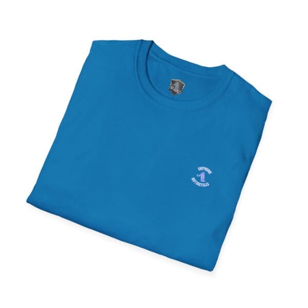 A folded Chipmunk Motorcycle T-Shirt in blue, featuring a small graphic on the left chest with white and pink text.