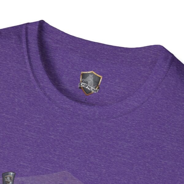 Close-up of the Admission T-Shirt neckline in purple, featuring a small Chipmunk logo on the interior label.