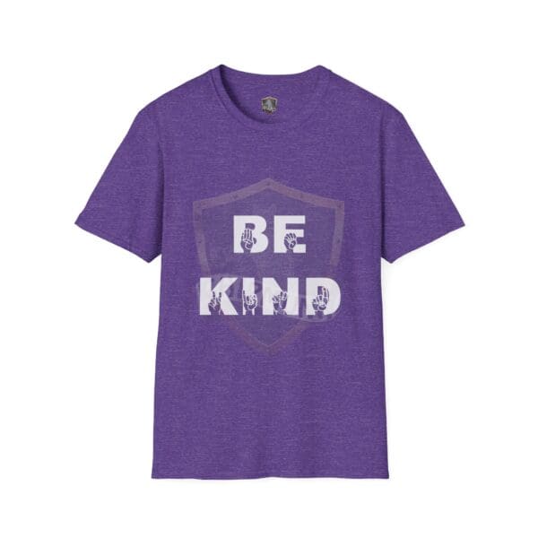 Purple T-shirt featuring a shield design and "Be Kind in Sign Language" text on the front.