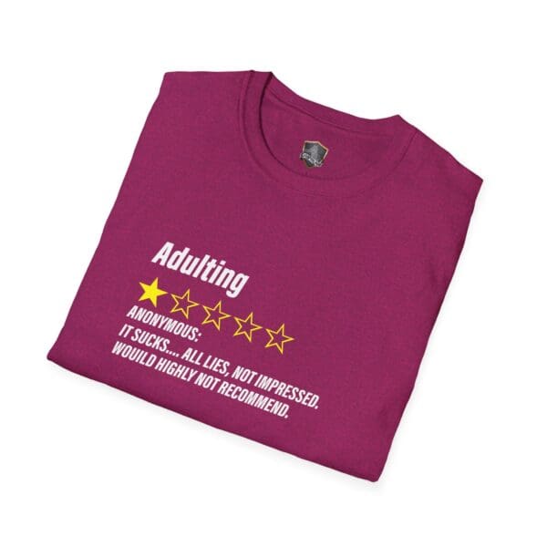 Folded maroon "Adulting 1-Star Review T-Shirt" featuring yellow stars and white text: "Adulting: Anonymous: It sucks... All lies. Not impressed. Would highly not recommend.