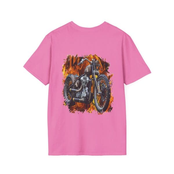 Chipmunk Bobber T-Shirt in pink, showcasing a graphic design of a motorcycle on the back against a fiery background.