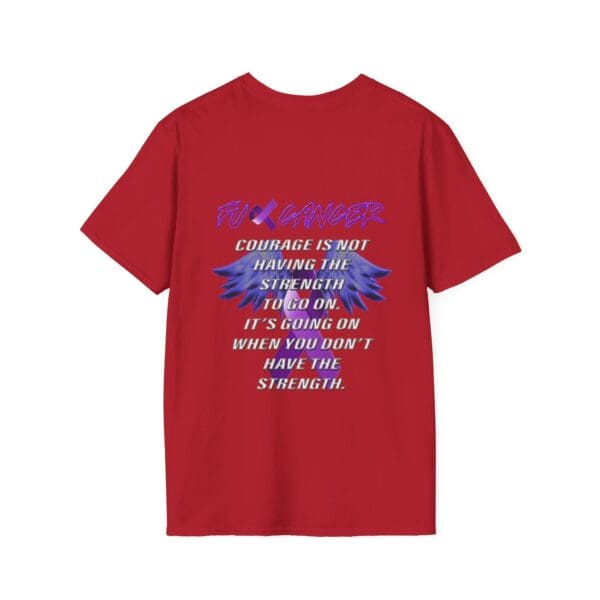 F*ck Cancer Ribbon T-Shirt featuring a red design with "FU Cancer" text and motivational blue wings, accompanied by the quote: "Courage is not having the strength to go on; it's going on when you don't have the strength.