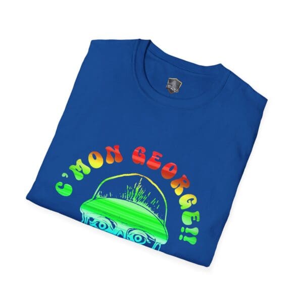 Blue "C'mon George!! Retro Rainbow Roadie T-Shirt" featuring colorful text above a stylized drawing of a person's face wearing a cap.