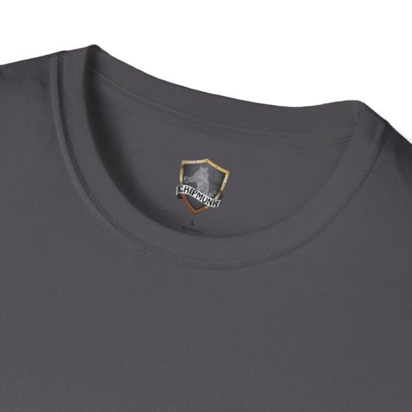 Close-up of a dark grey Chipmunk Motorcycle T-Shirt with a round neckline, featuring a label inside the collar with a shield logo and text that reads "Chipmunk" and "L 100% Cotton.