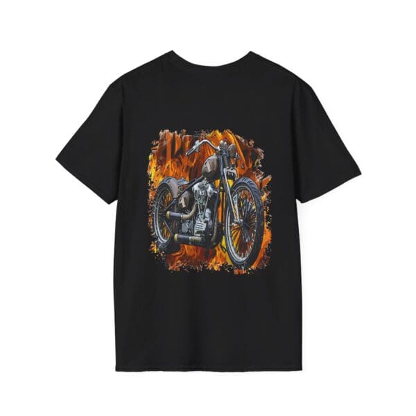 Chipmunk Bobber T-Shirt in black, showcasing a graphic design of a motorcycle amid flames.