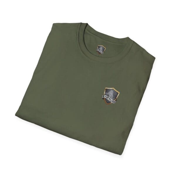 Olive green Land, Sea, and Air T-Shirt with a small embroidered shield logo on the front featuring the word "Emporium.