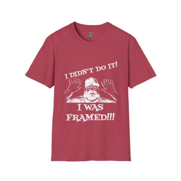 George the Roadie's Iconic Icebreaker T-Shirt features a design with a person raising hands and the text "I Didn't Do It! I Was Framed!!!