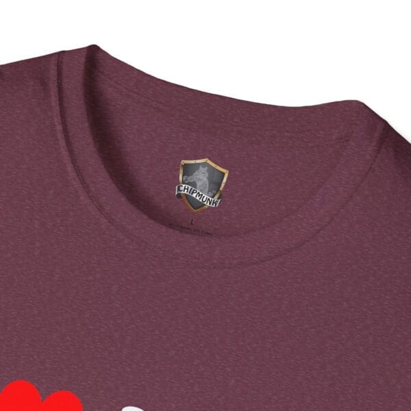 Close-up of a maroon "I ❤️ Mom Bods" t-shirt neckline showing a label with a shield and the word "Chipmunk.