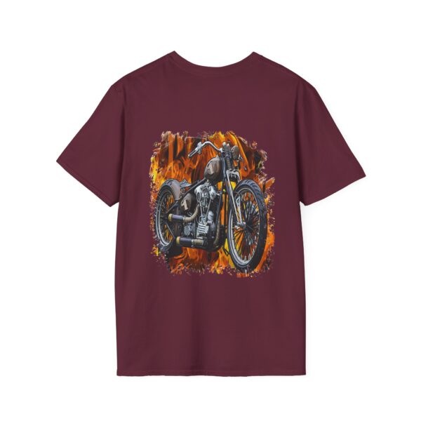 Chipmunk Bobber T-Shirt in burgundy featuring a graphic of a motorcycle surrounded by flames on the back.