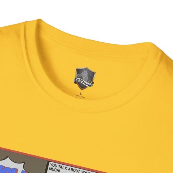 Yellow t-shirt featuring a partial graphic design, labeled "Overt Narcissism - Forgetting Myself Graphic Tee," with "Chipmunks" inscribed inside the collar.