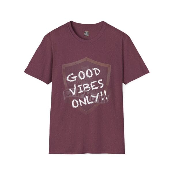 Maroon "Good Vibes Only" T-shirt featuring a shield design and the slogan in white text.