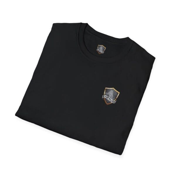 A folded black Chipmunk Firefighter T-Shirt featuring a small shield logo on the front.