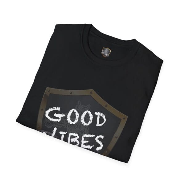 Good Vibes Only Shirt in black featuring a shield design with "Good Vibes" text in white.