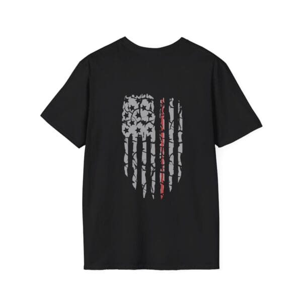 Nurse Support T-Shirt in black, showcasing a distressed American flag design on the back with a red line running through the stars and stripes.