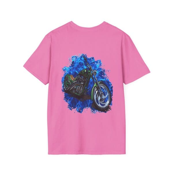 Chipmunk Motorcycle T-Shirt in pink, featuring a graphic of a motorcycle on the back encircled by blue and green abstract shapes.