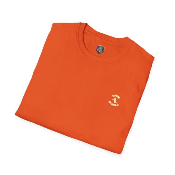 Chipmunk Bobber T-Shirt in orange, featuring a small circular yellow and white logo on the front, folded neatly.