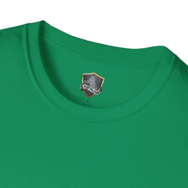 Close-up of a green Guiding Star Tee Shirt with a "Chipmunk" logo label on the inside of the neckline.